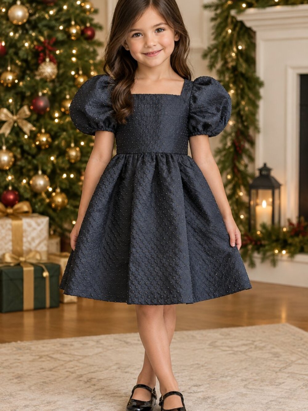 Girls Size 7 Holiday Dress Black Metallic Gold Puff Sleeves Lined COPPER KEY NEW